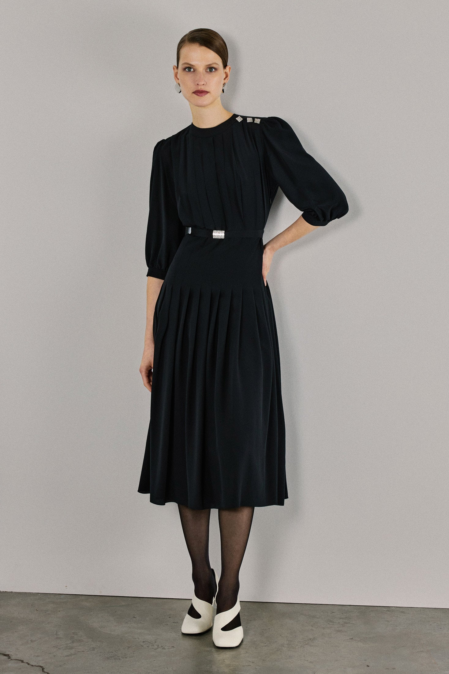 mairee black satin pleated midi dress Maya Pleated Silk Dress