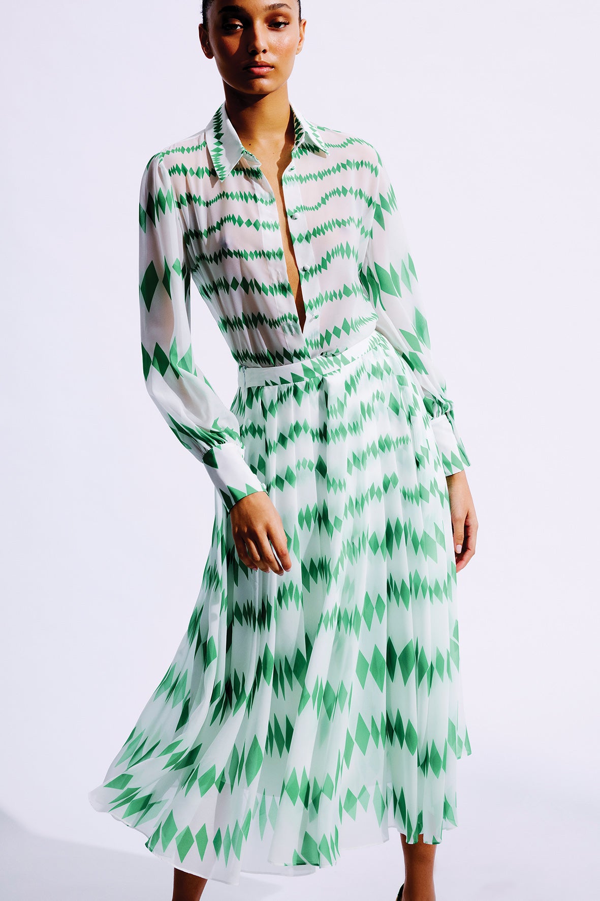 Reneta Silk Pleated Skirt | White & Green Mergim Reneta Silk Pleated Skirt | White & Green Mergim