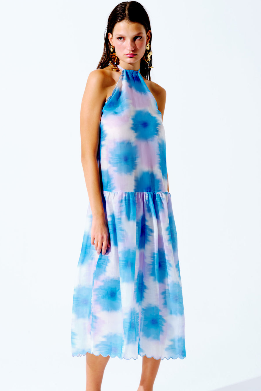 Coralie Halterneck Silk Cotton Dress | Blue & Lilac Mergim Coralie Halterneck Silk Cotton Dress | Blue & Lilac Mergim