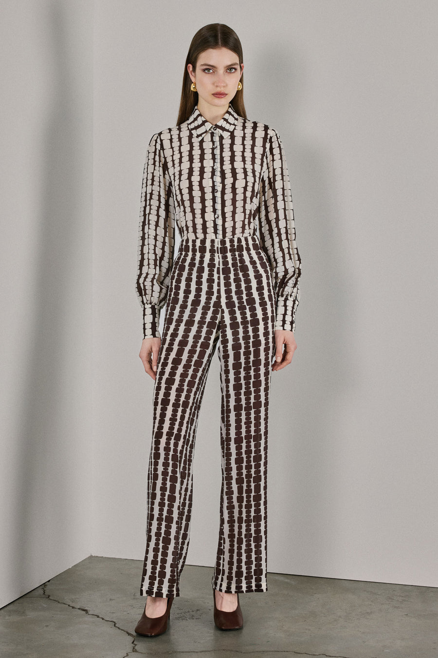Amelia Silk Pants | Brown & White