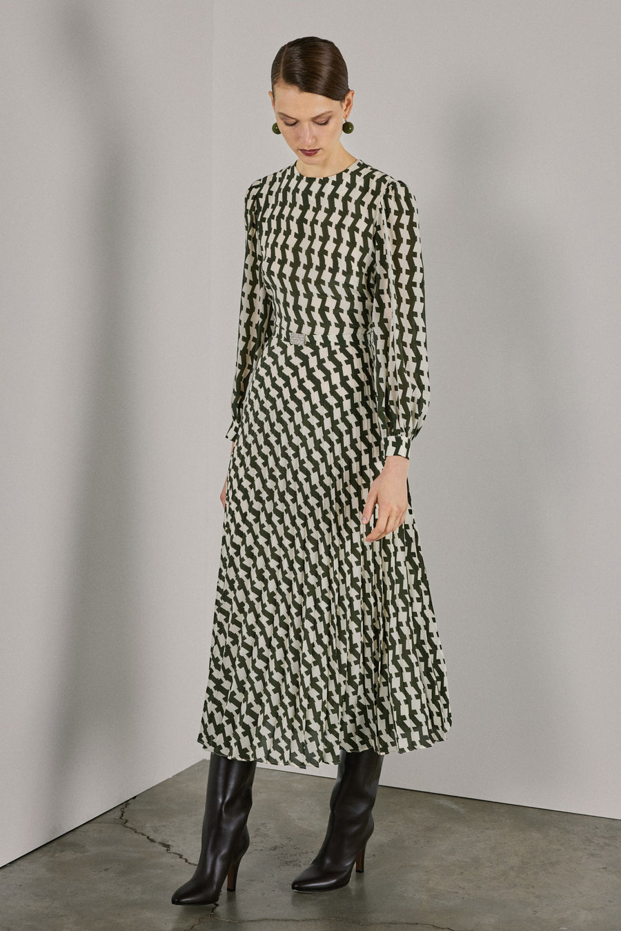 khaki pleated dress Karen Millen Satin Pleated Woven Midi Dress in Khaki