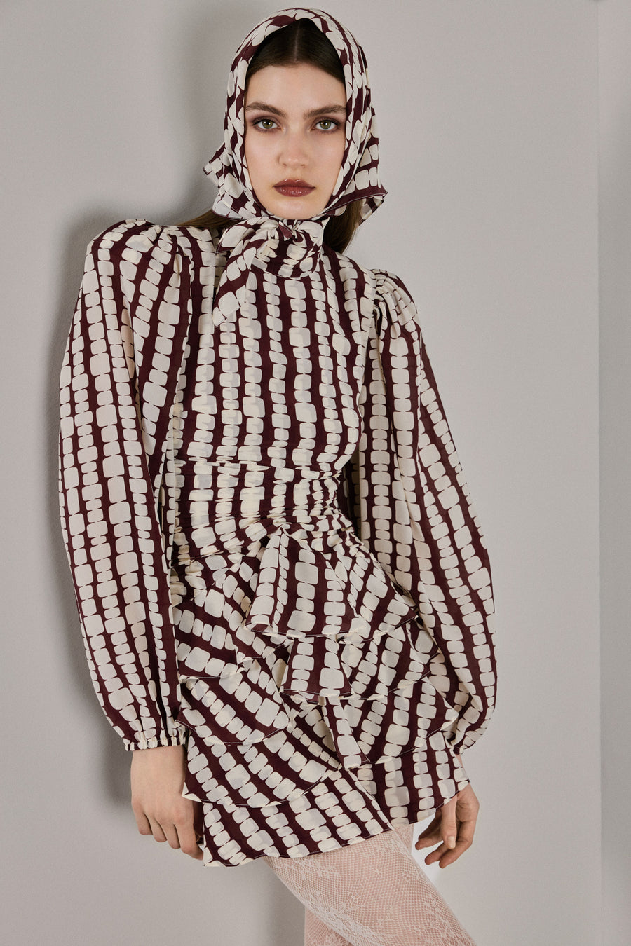 Faye Highneck Mini Silk Dress Brown & White