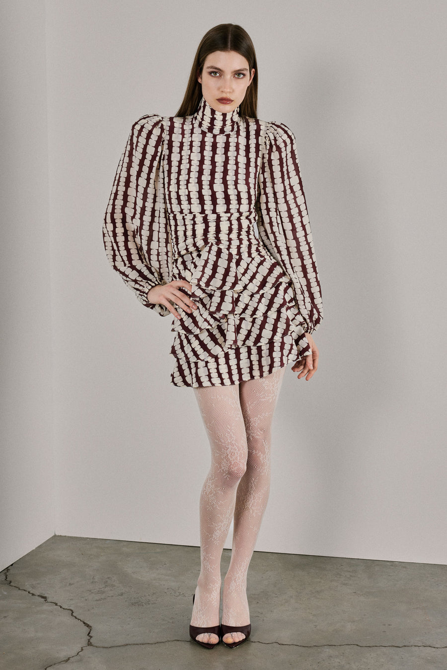 high neck mini dress pattern A Line Mini Dress With Long Sleeve and High Neckline Sewing Pattern PDF