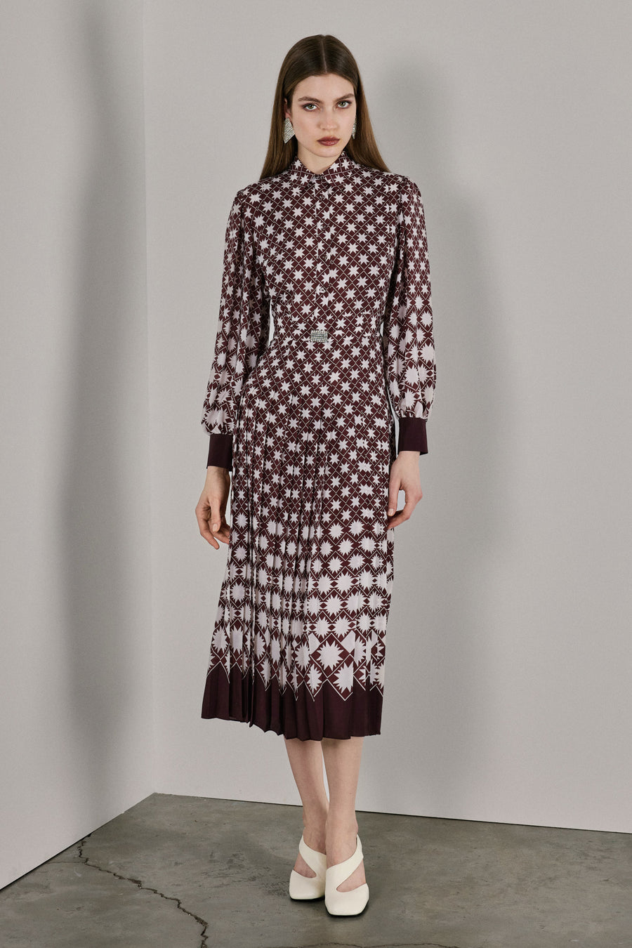 Emma Pleated Silk Dress Burgundy & White Mergim Emma Pleated Silk Dress Burgundy & White Mergim