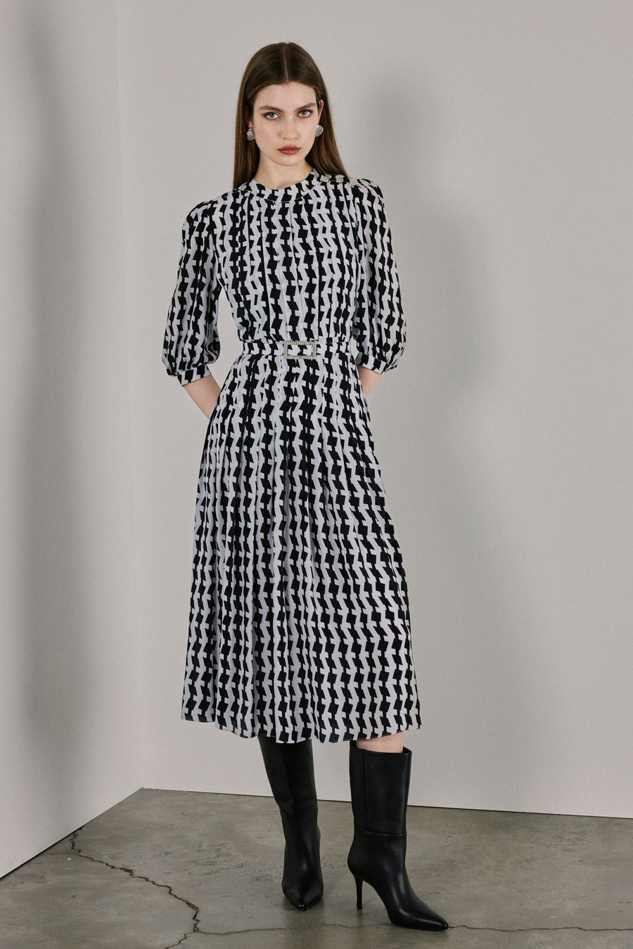 Maya Pleated Silk Dress | Black & White Mergim Maya Pleated Silk Dress | Black & White Mergim