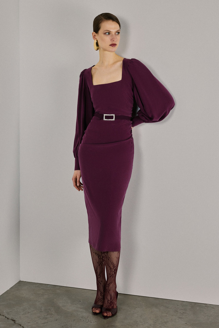 burgundy sheath dress with sleeves Halina | Burgundy High-Neck Maxi Dress With Cape-Sleeve