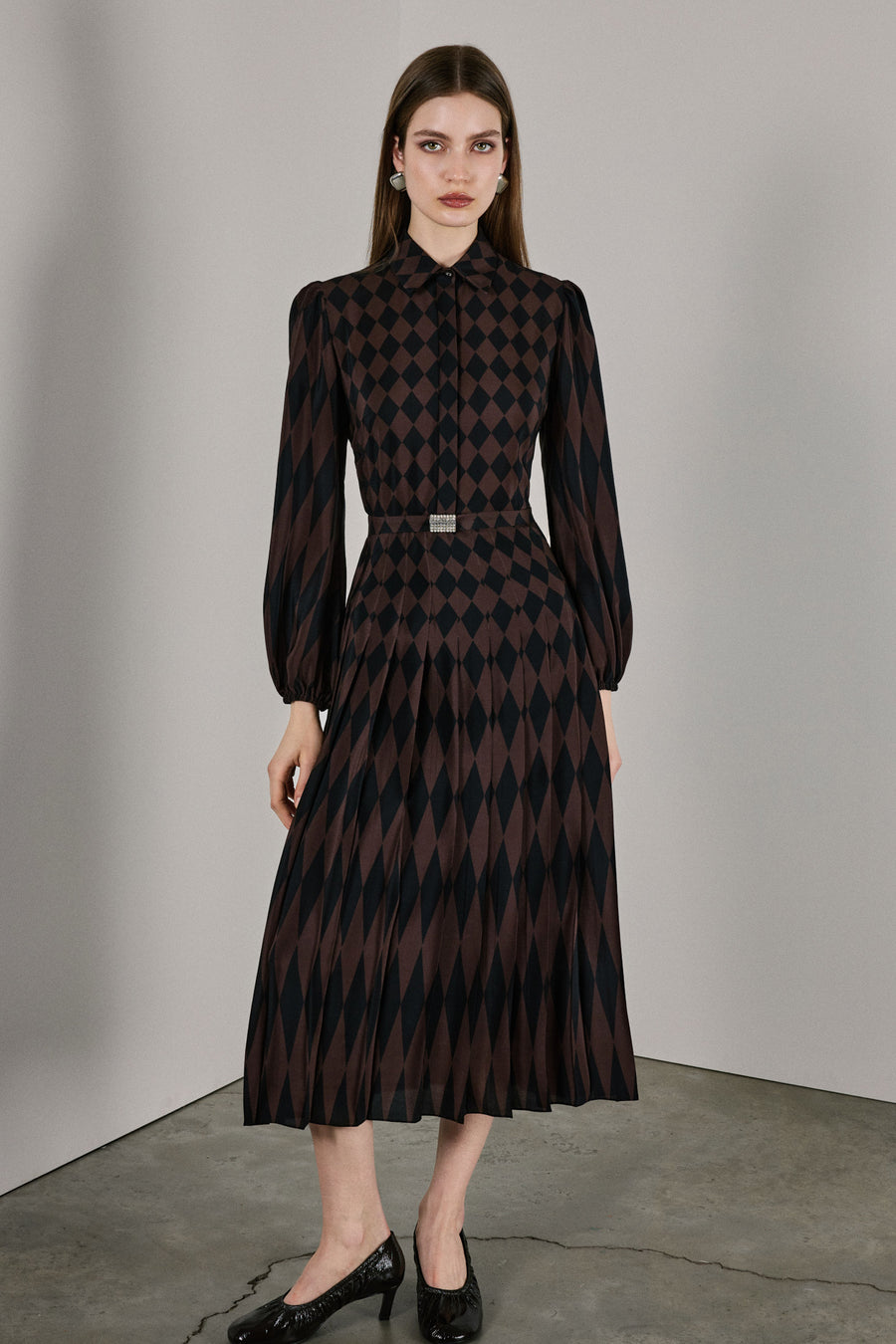 Anna Pleated Silk Dress Brown & Black Mergim Anna Pleated Silk Dress Brown & Black Mergim