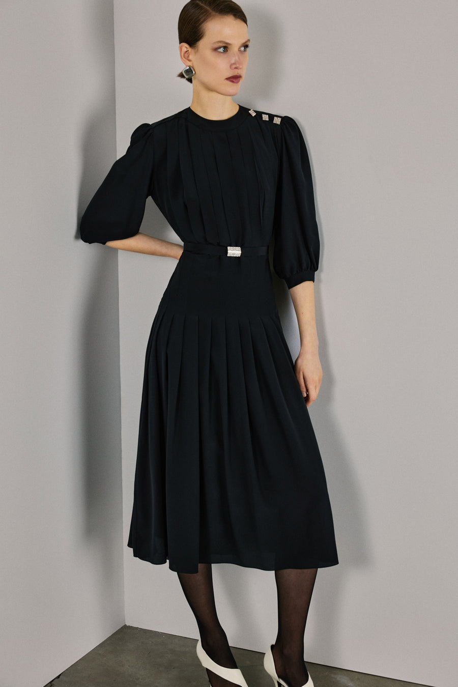 Maya Pleated Silk Dress | Black Mergim Maya Pleated Silk Dress | Black Mergim