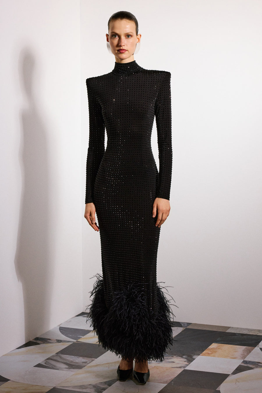 Sisi Crystal Dress with Ostrich Feathers | Black & Black