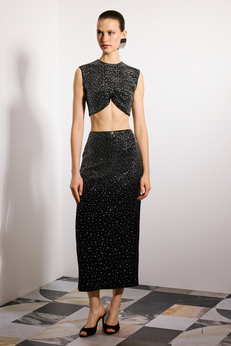 Kira Crystal Velvet Top | Black & Crystal