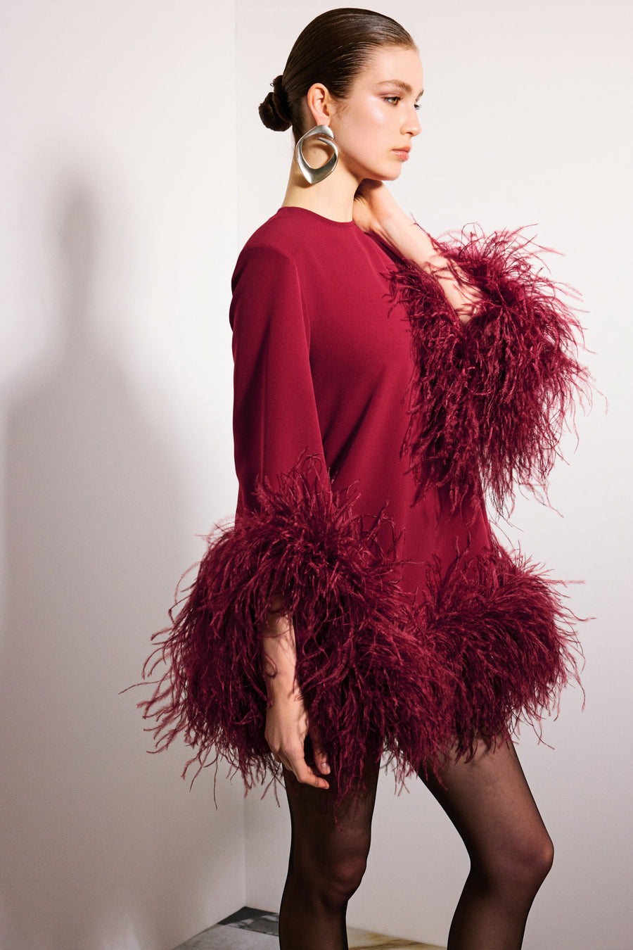 Laticia Dress With Ostrich Feathers Burgundy