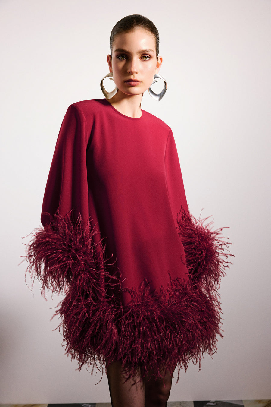 Laticia Dress With Ostrich Feathers Burgundy
