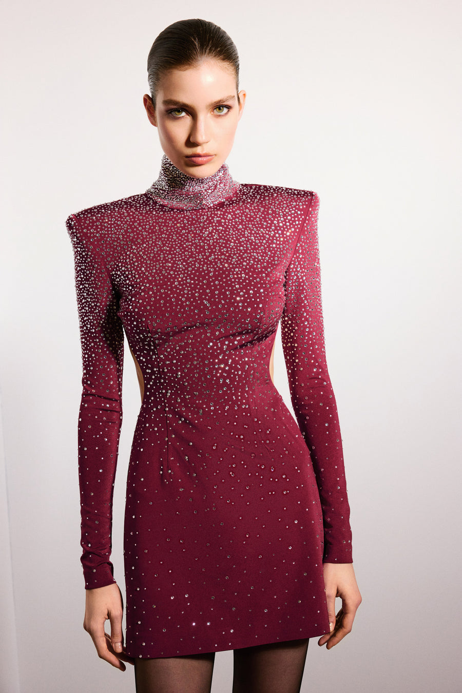 Zayla Crystal Backless Mini Dress Burgundy & Crystal