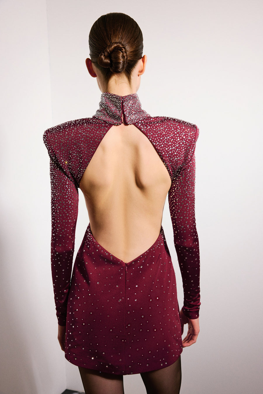 Zayla Crystal Backless Mini Dress Burgundy & Crystal