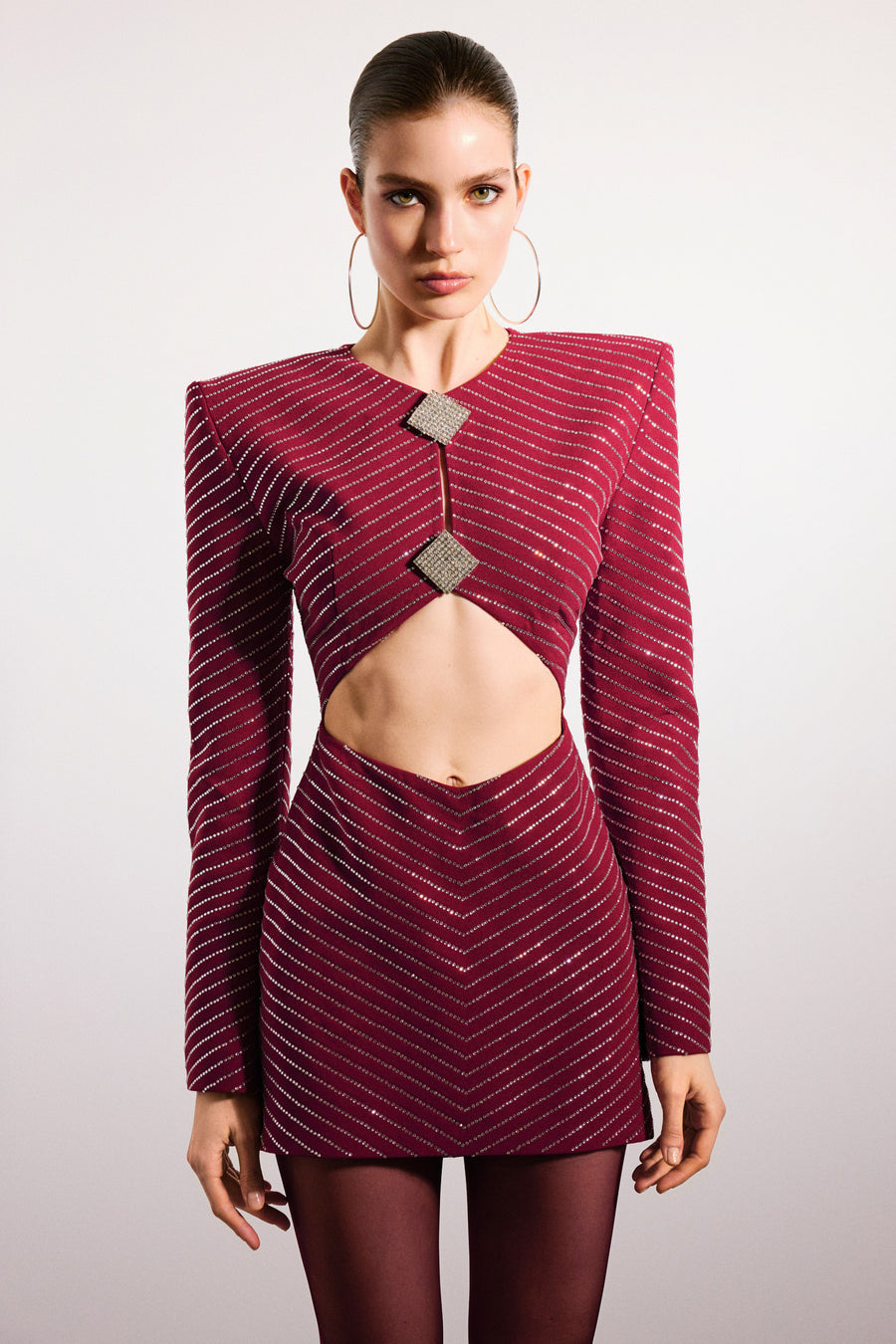 Mima Cut Out Mini Dress | Burgundy & Crystal