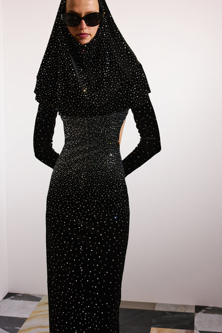 Zayla Crystal Backless Velvet Dress Black & Crystal