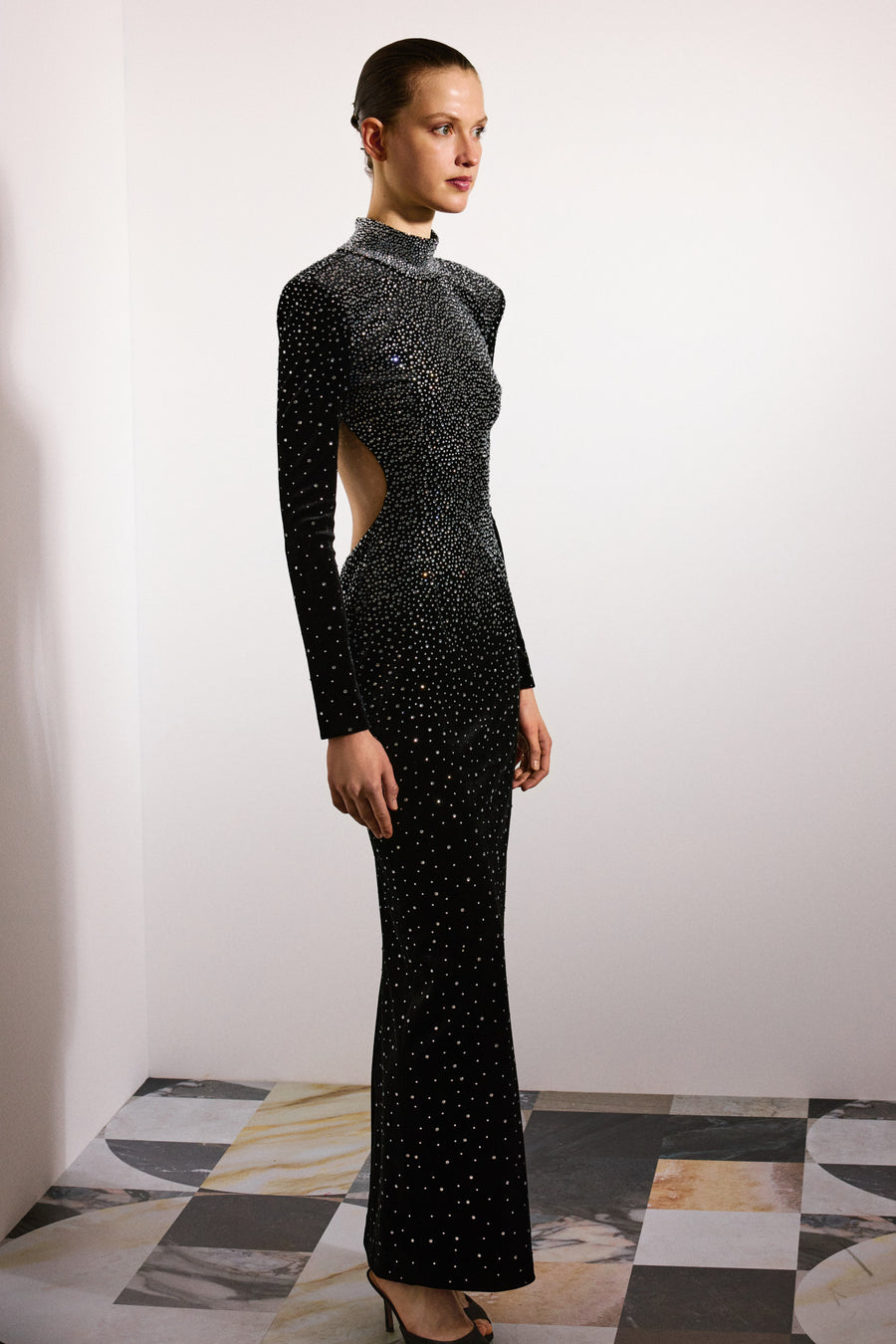 Zayla Crystal Backless Velvet Dress Black & Crystal