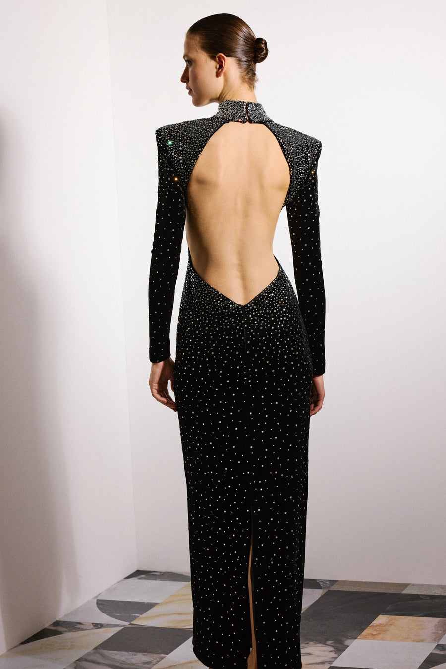 Zayla Crystal Backless Velvet Dress Black & Crystal