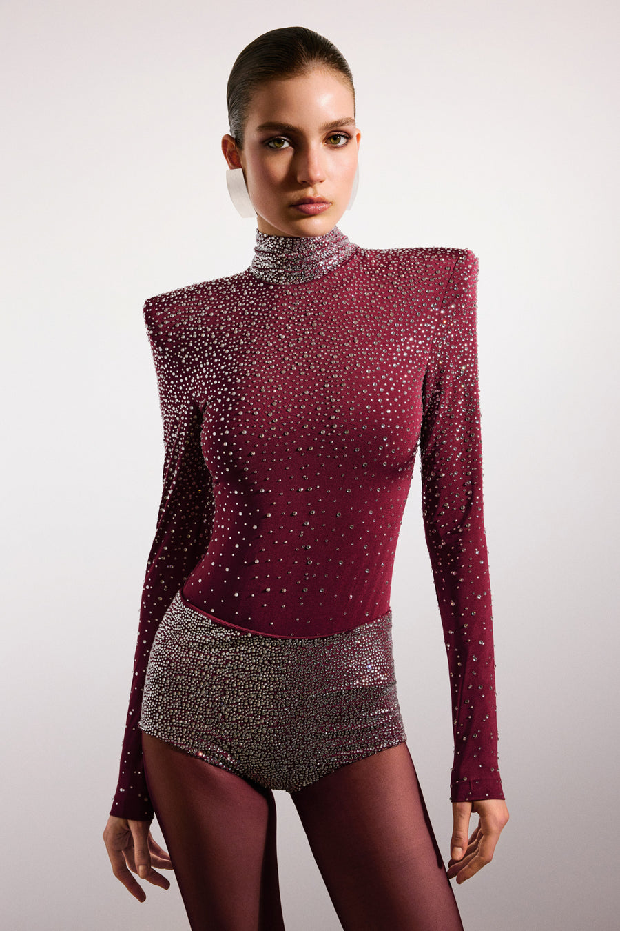 Astrea Crystal Higneck Bodysuit Burgundy & Crystal