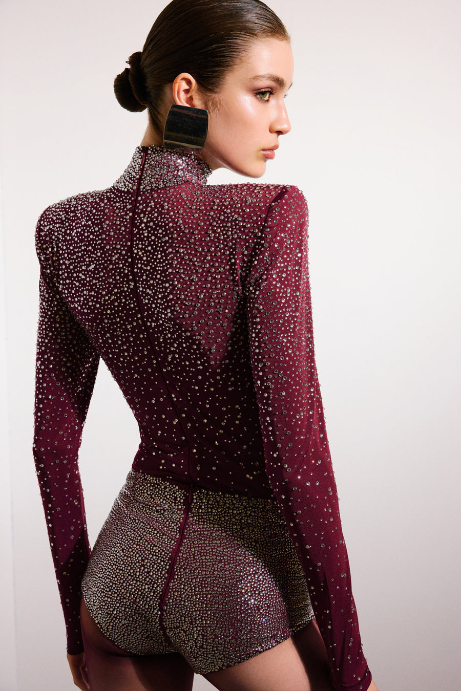 Astrea Crystal Higneck Bodysuit Burgundy & Crystal