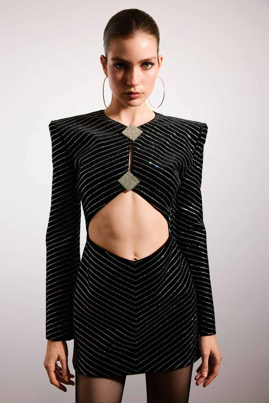 Mima Cut Out Velvet Mini Dress Black & Crystal