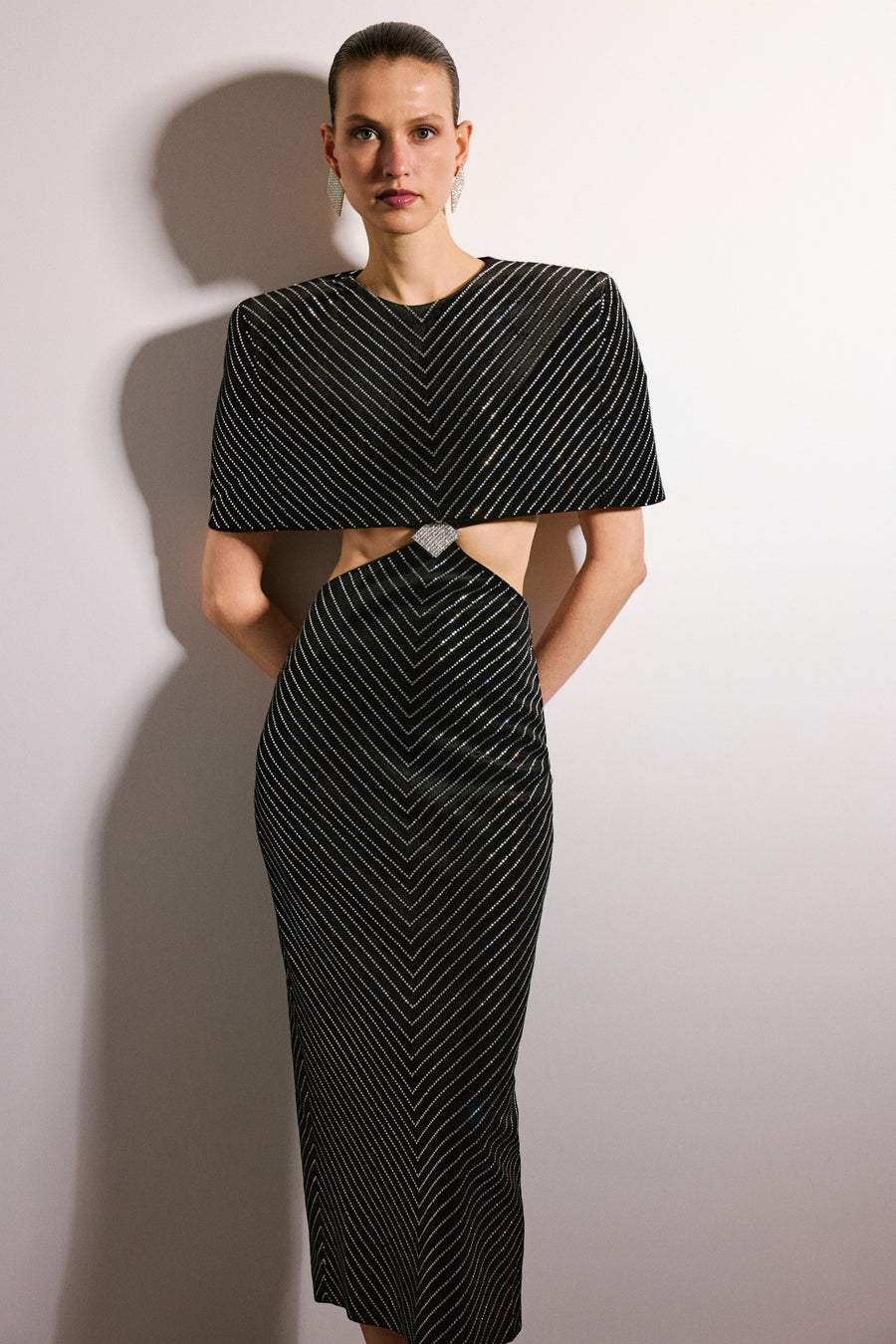 Antonia Cut Out Velvet Maxi Dress Black & Crystal