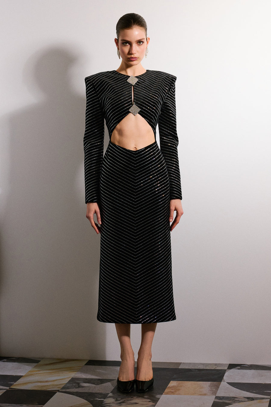 Mima Cut Out Velvet Maxi Dress Black & Crystal