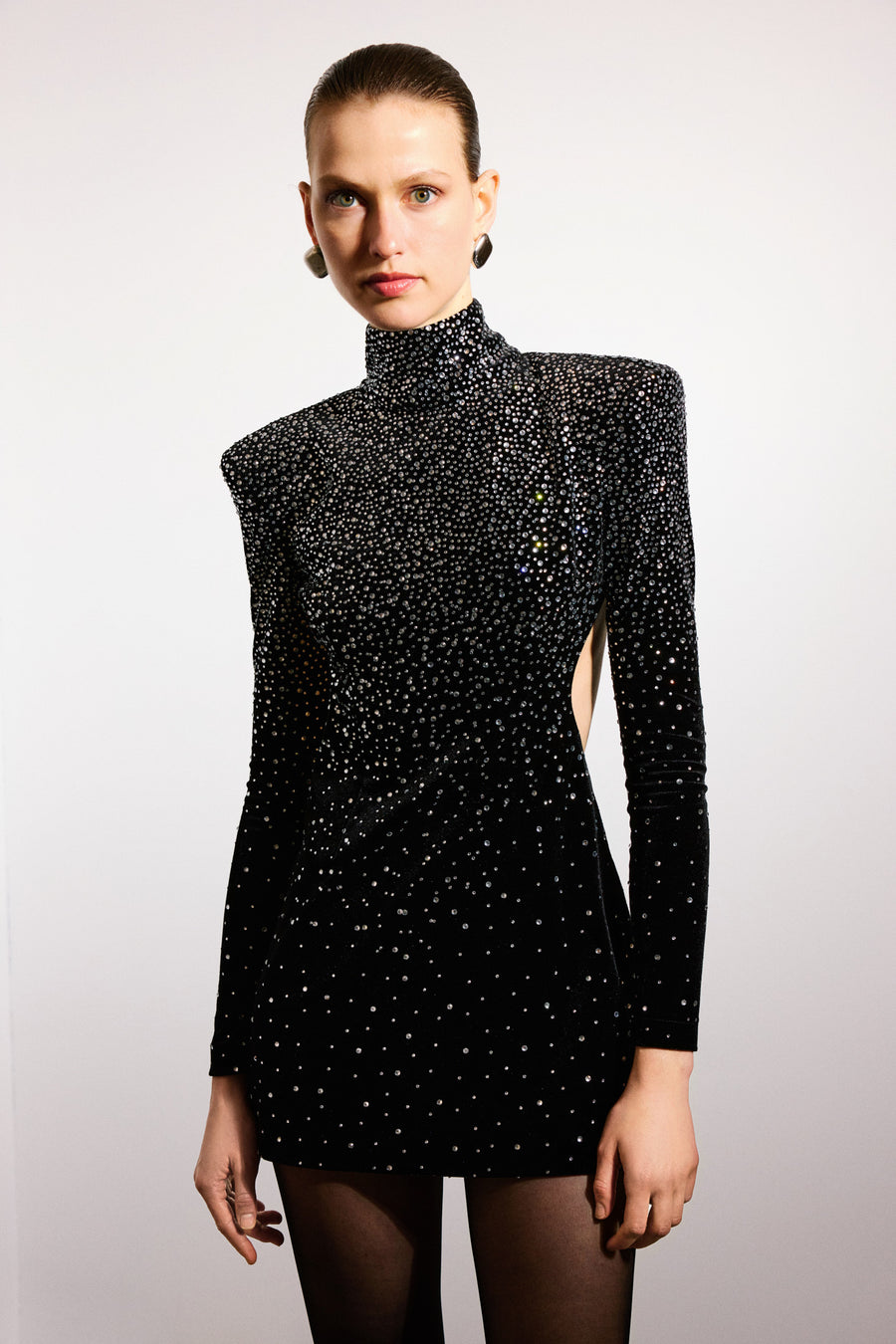 Zayla Crystal Backless Velvet Mini Dress | Black & Crystal