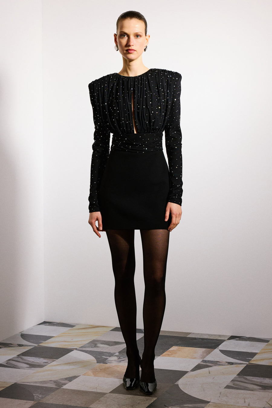 Sola Draped Mini Dress | Black & Crystal