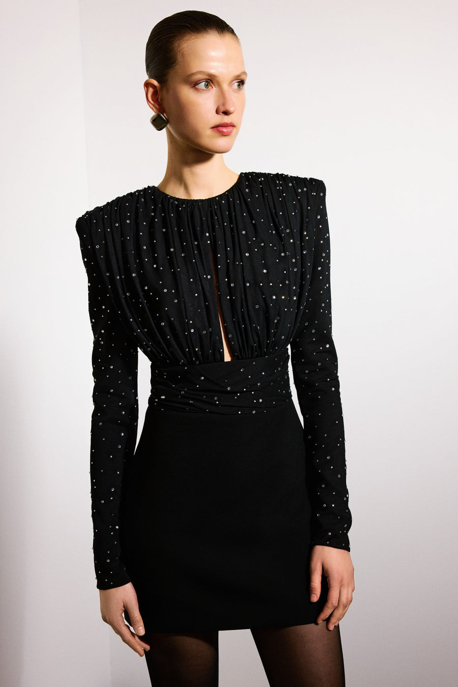 Sola Draped Mini Dress | Black & Crystal