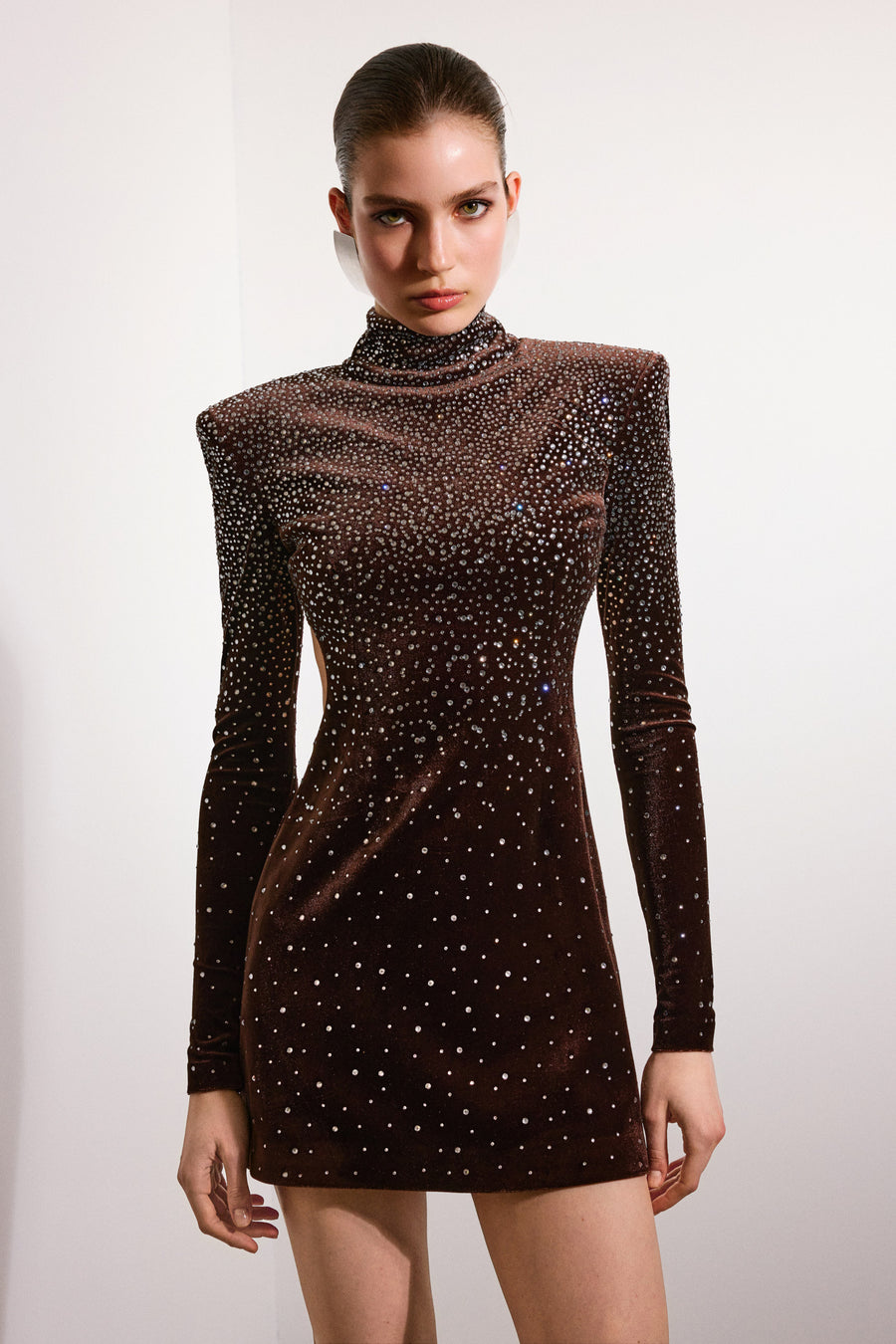 Zayla Crystal Backless Velvet Mini Dress | Brown & Crystal