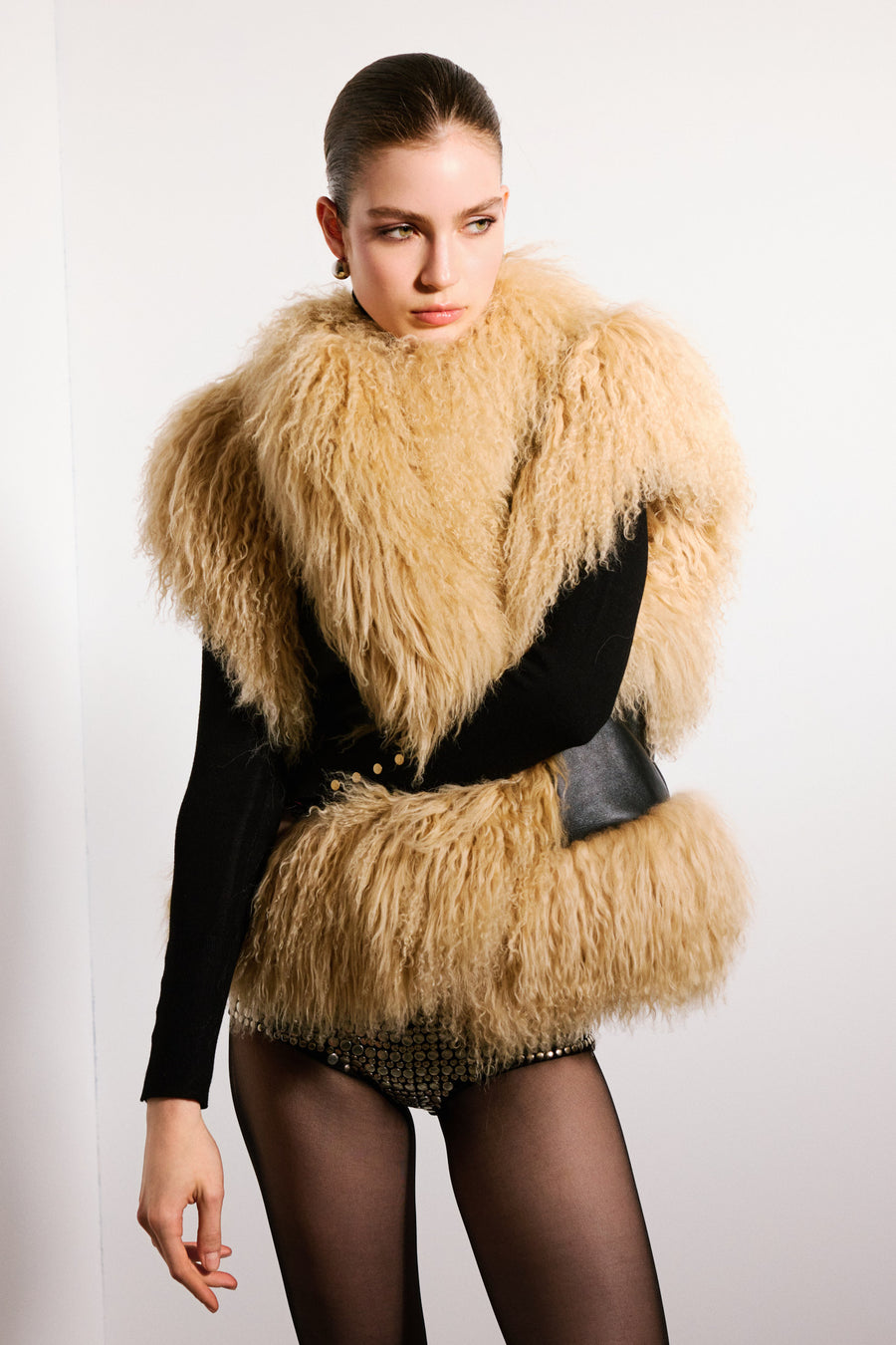 Josette Shearling Vest | Black & Beige