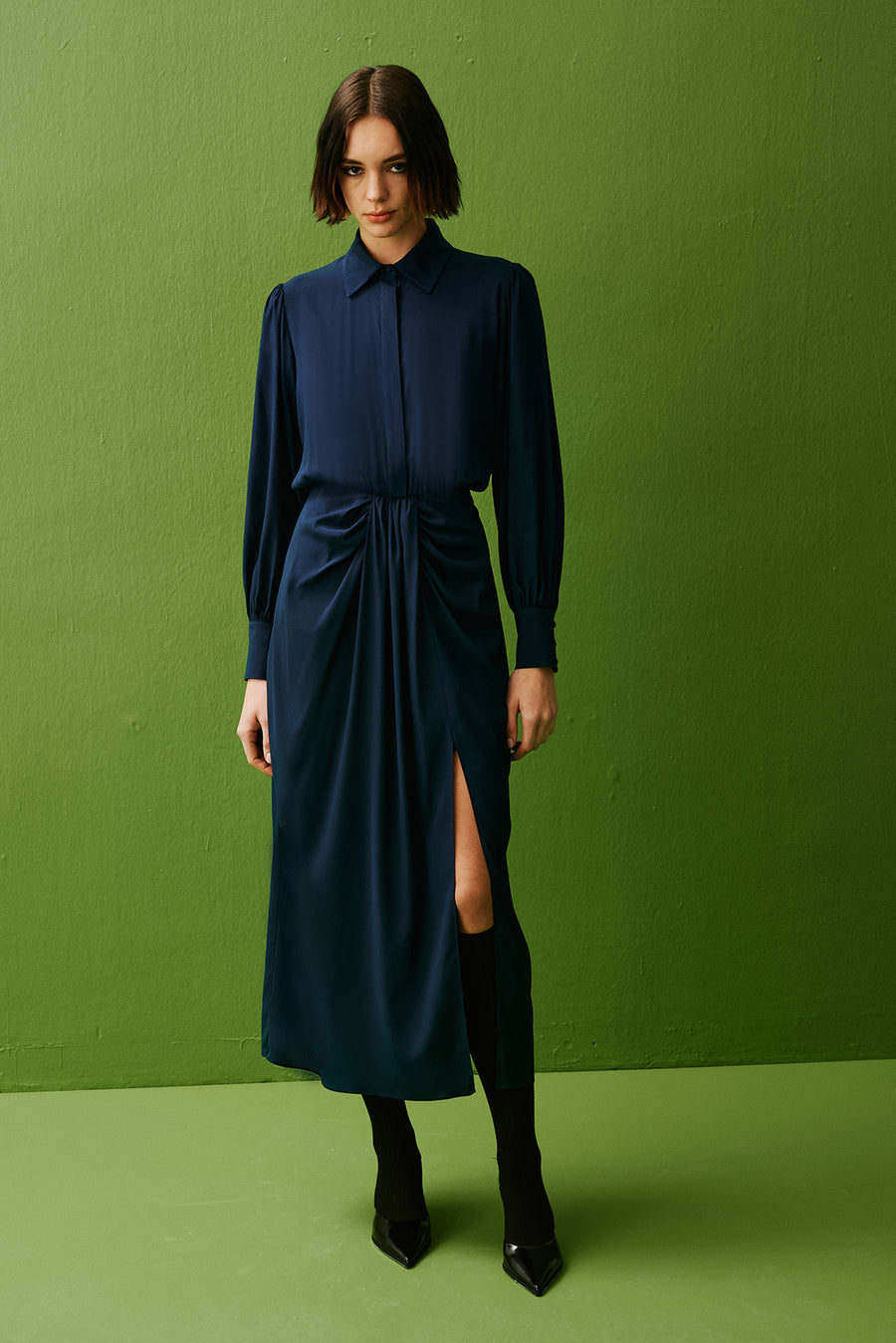 navy silk shift dress Navy Silk Shift Dress with Elevated Collar 2013