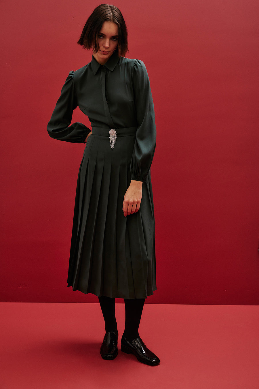 dark green pleated dress Azazie Irina