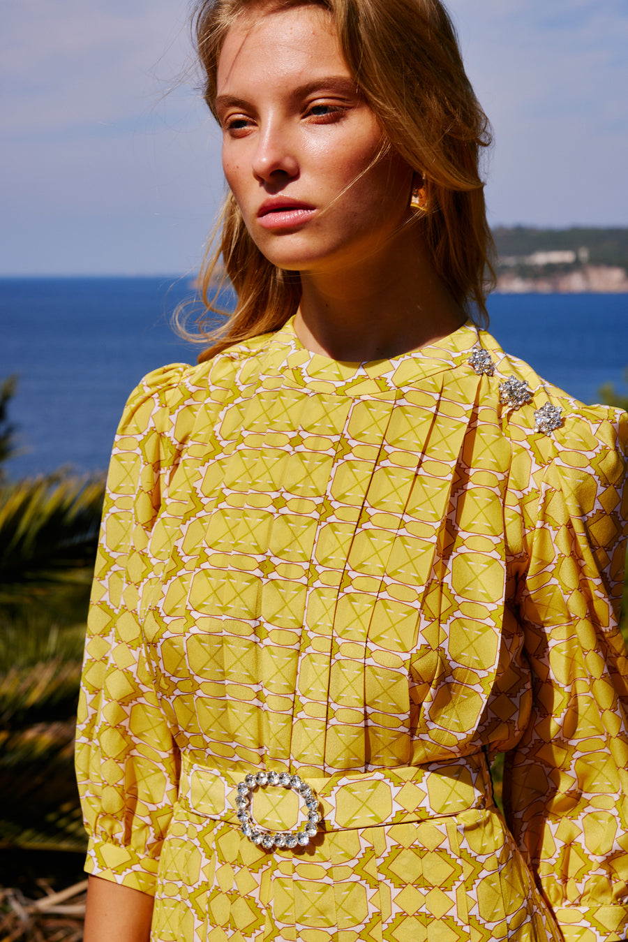 yellow pleated satin dress Sleeveless Accordion Pleated Silk Dress