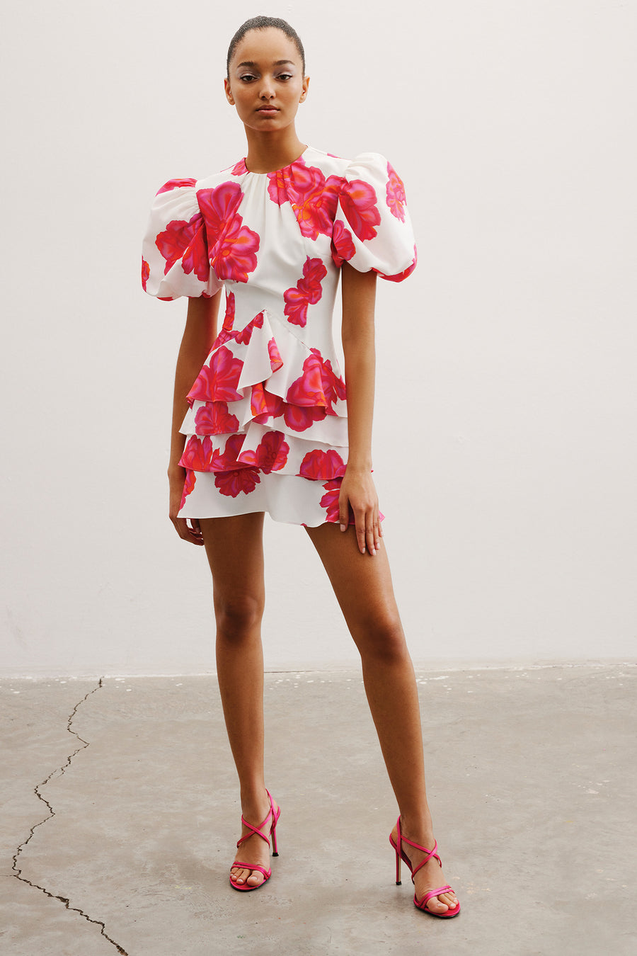 Camellia Puff Sleeved Dress | Fuchsia & Orange