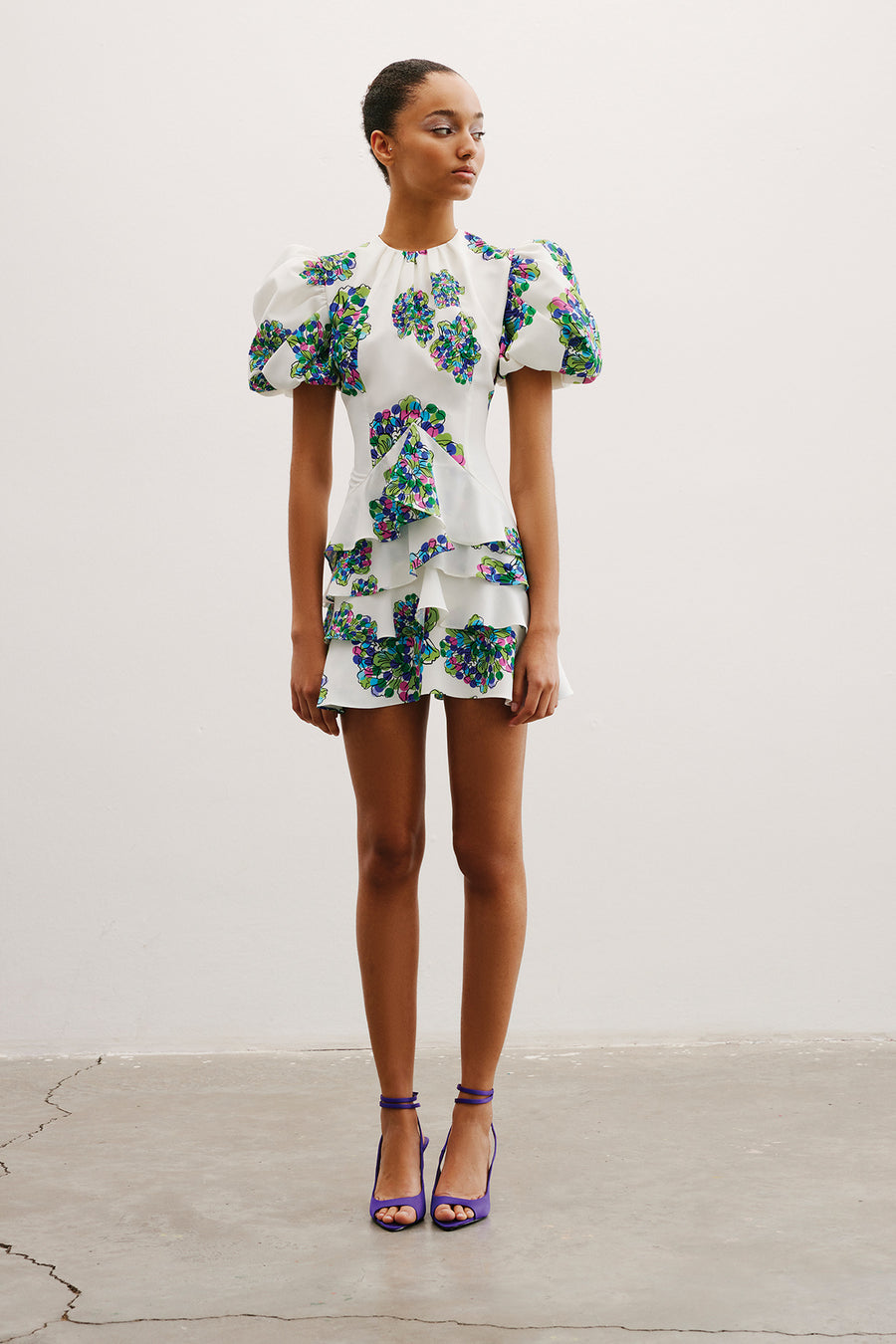 Camellia Puff Sleeved Mini Dress | Violet & Green Mergim Camellia Puff Sleeved Mini Dress | Violet & Green Mergim