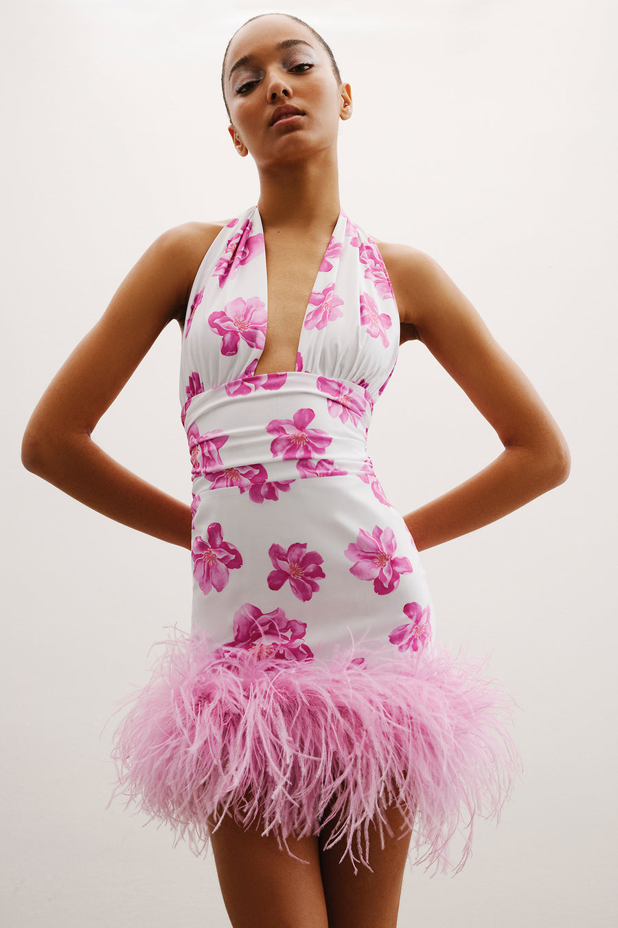 Naima Cotton Mini Dress with Ostrich Feathers | Pink