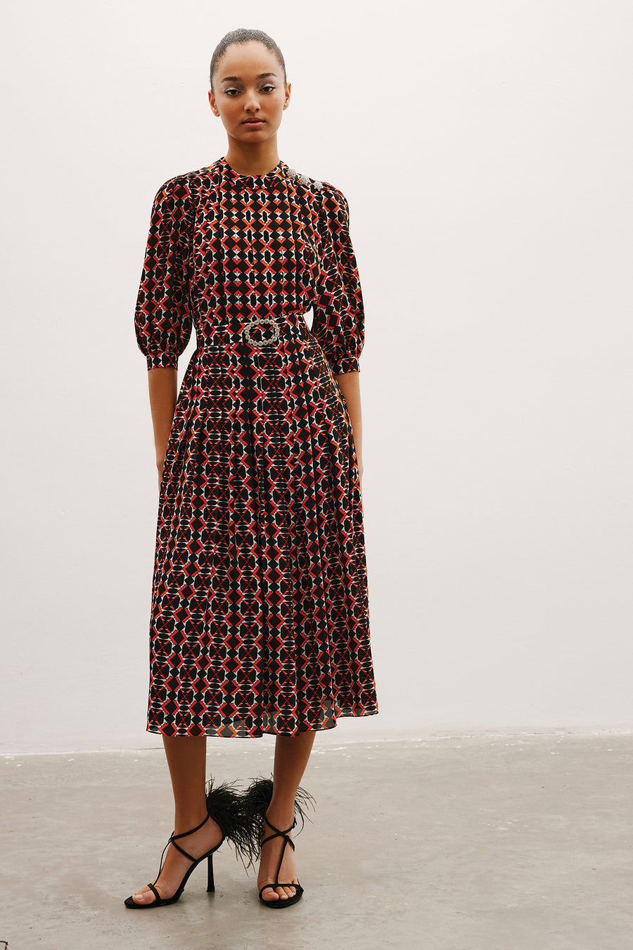 Maya Silk Pleated Dress | Orange & Black Mergim Maya Silk Pleated Dress | Orange & Black Mergim