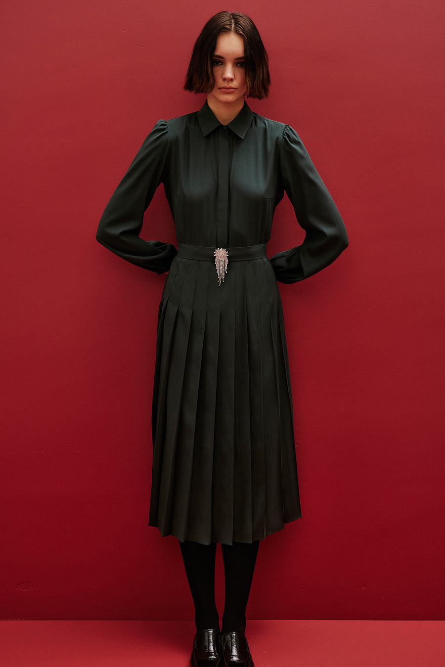 green silk pleated dress Asymmetrical Pleated Leafy Green Mousseline Dress With Silver Embroidery by Tony Ward Elilhaam