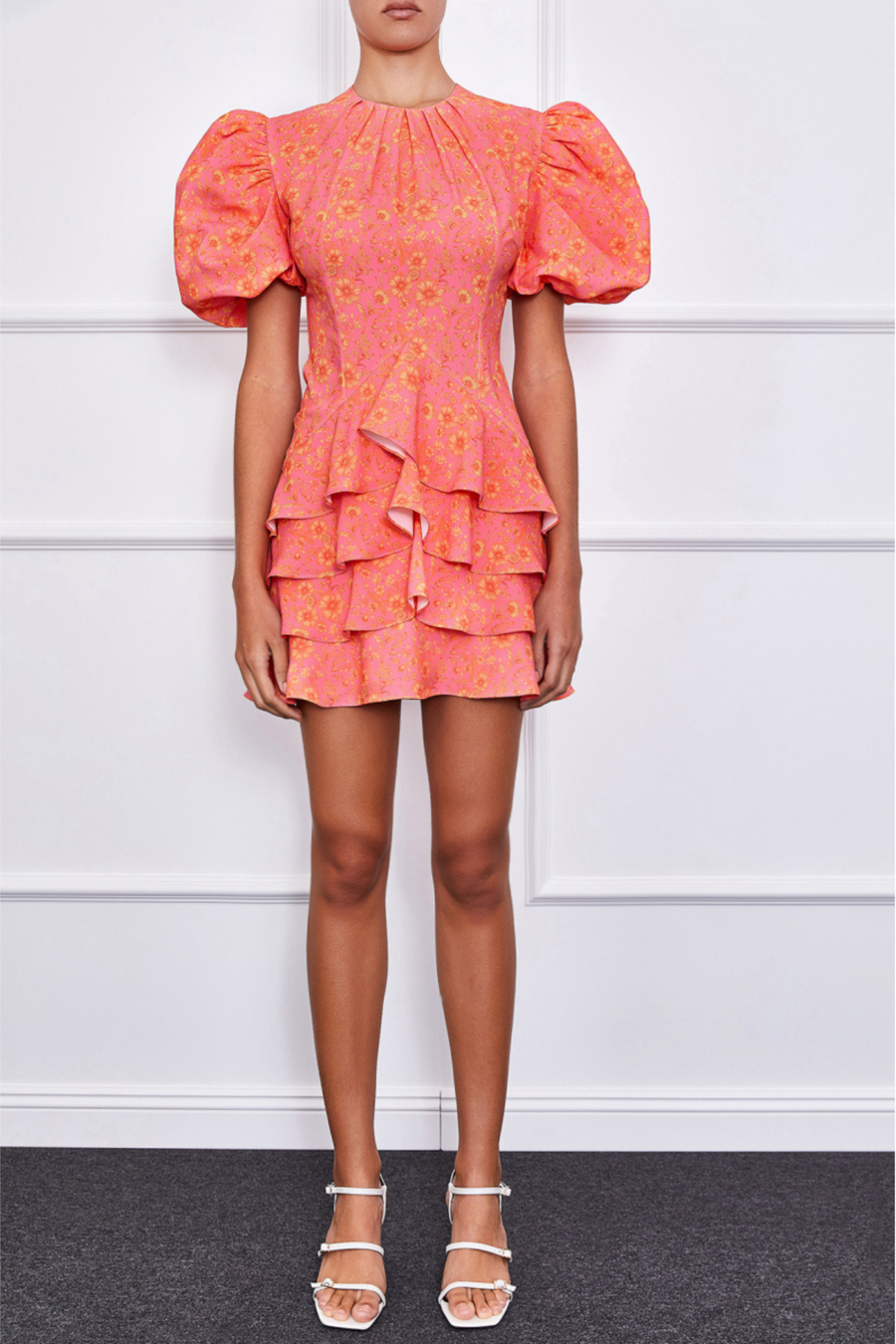 Camellia Puff Sleeve Dress (Orange/Pink)