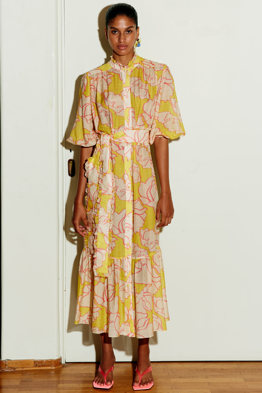 light yellow cotton dress Vintage-Inspired Self-Tie Halter Neck Cotton Dress in Light Yellow Yellow M