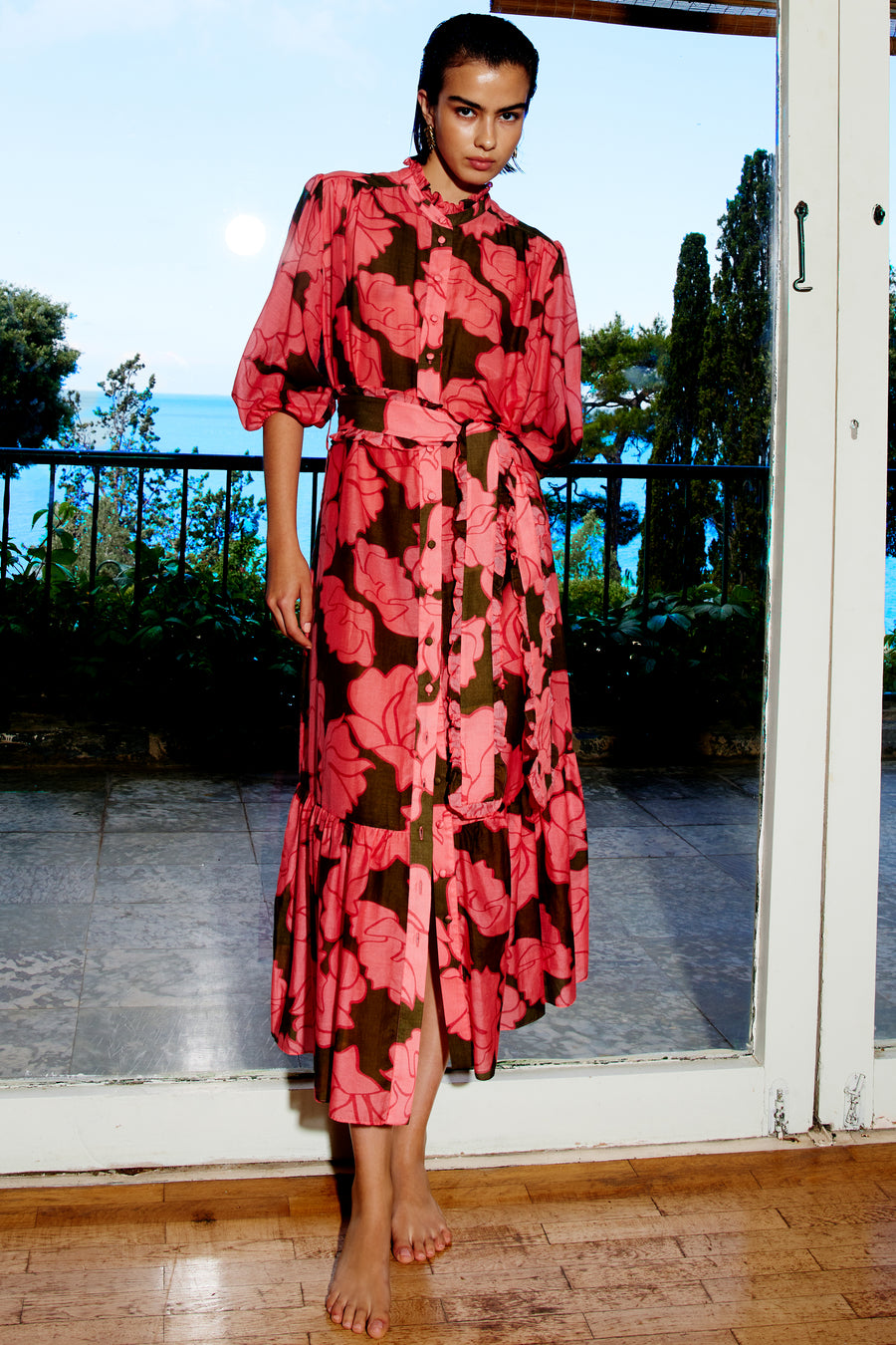 Jasmine Maxi Silk Cotton Dress  | Khaki & Pink