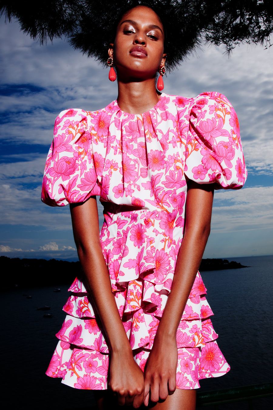 Camellia Puff Sleeve Dress Hot Pink