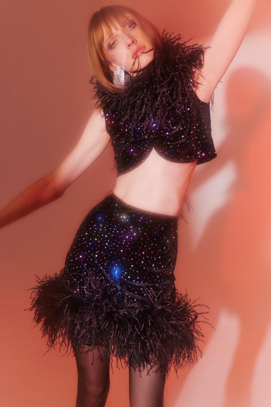 Kira Crystal Mini Skirt With Feathers | Black