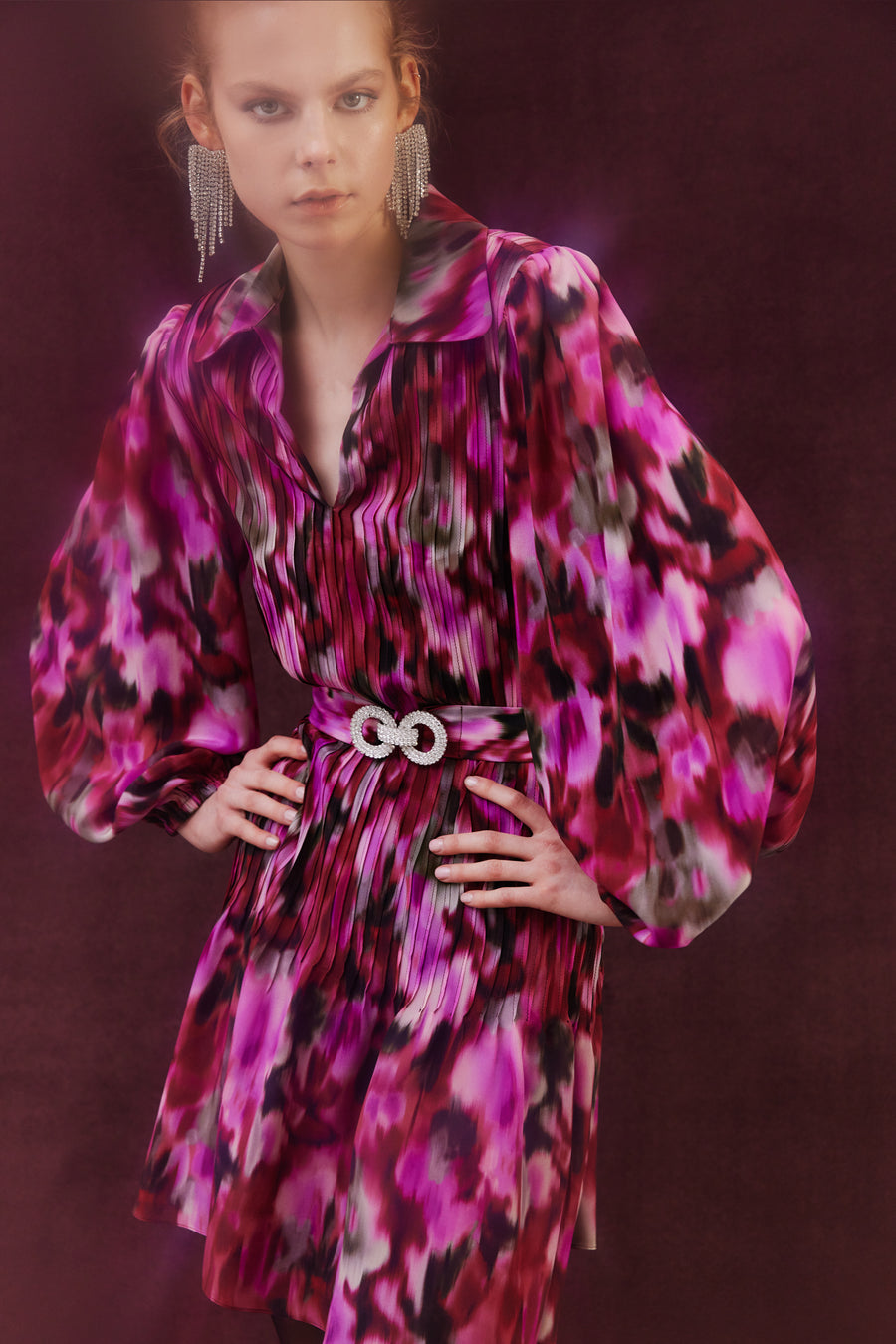 Keitha Mini Silk Dress | Burgundy & Pink